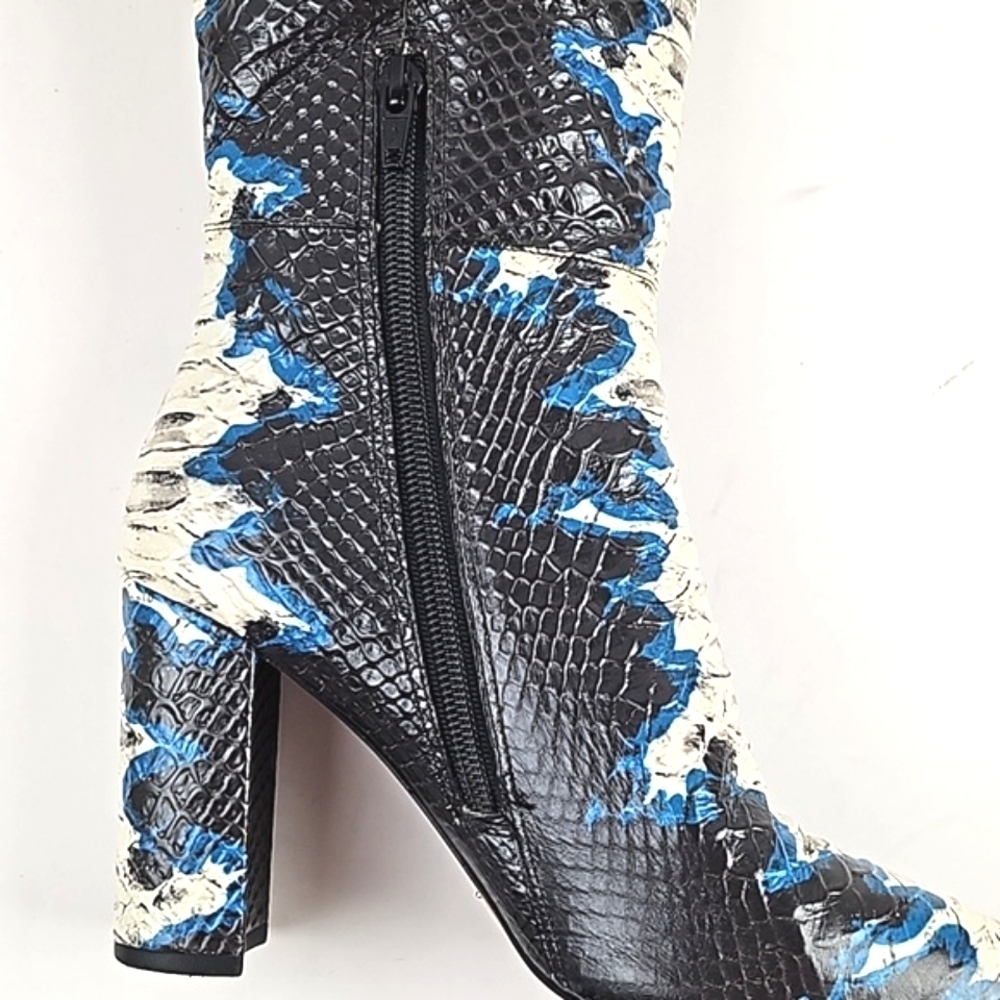 Gianni Bini Kellbie Leather Snakeskin Texture Black Cream Blue Heeled Tall Boot - Picture 13 of 16